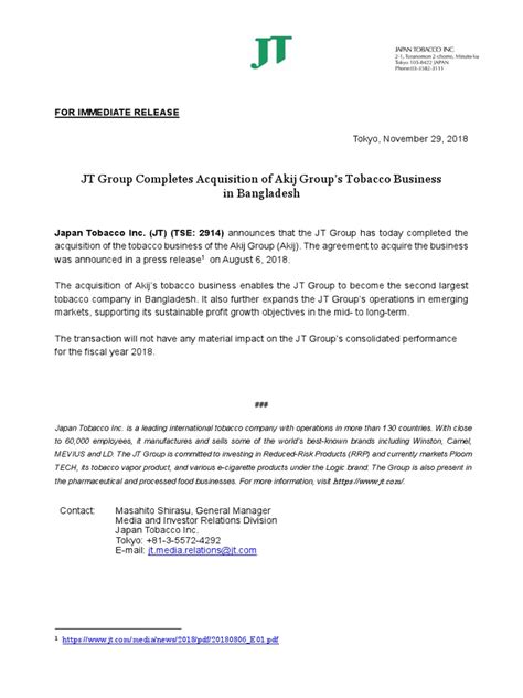 JT Completes Acquisition of Assets of Tobacco Company in the .